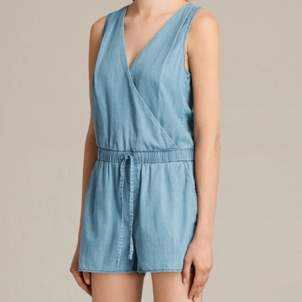Allsaints Penny Playsuit Denim Color Surplice V-neck Romper size 6 - Picture 3 of 16